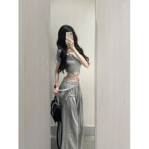 150小矮個子美式復古休閒濶腿褲女高腰直筒抽繩寬鬆垂感xs九分夏