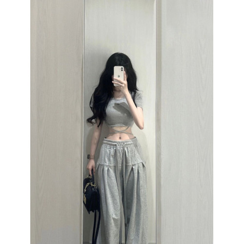 150小矮個子美式復古休閒濶腿褲女高腰直筒抽繩寬鬆垂感xs九分夏