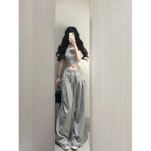 150小矮個子美式復古休閒濶腿褲女高腰直筒抽繩寬鬆垂感xs九分夏