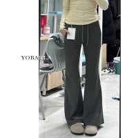 深灰色微喇休閒褲女春季新款大碼胖mm寬鬆顯瘦梨形身材運動衛褲子