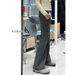 深灰色微喇休閒褲女冬季加絨大碼胖mm寬鬆顯瘦梨形身材運動衛褲子