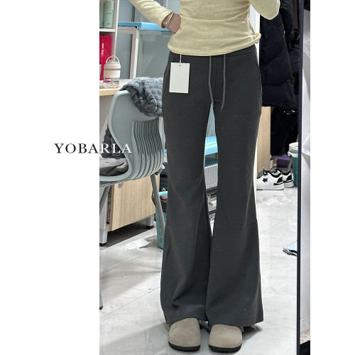 深灰色微喇休閒褲女冬季加絨大碼胖mm寬鬆顯瘦梨形身材運動衛褲子