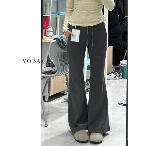 深灰色微喇休閒褲女冬季加絨大碼胖mm寬鬆顯瘦梨形身材運動衛褲子