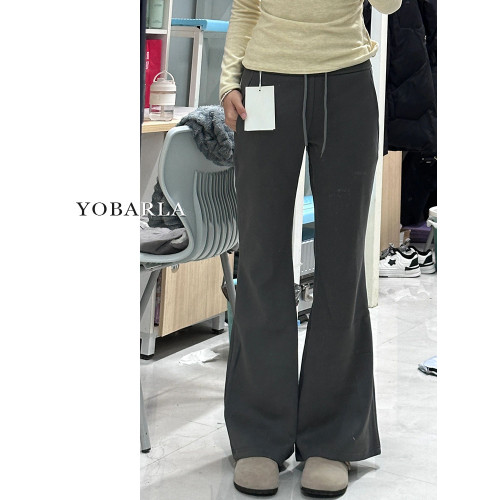 深灰色微喇休閒褲女冬季加絨大碼胖mm寬鬆顯瘦梨形身材運動衛褲子