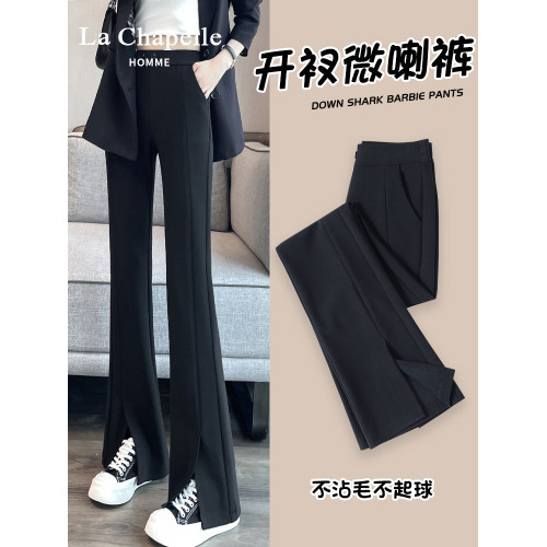 拉夏貝爾前開叉黑色加絨喇叭褲女秋冬2026新款顯瘦直筒西裝微喇褲