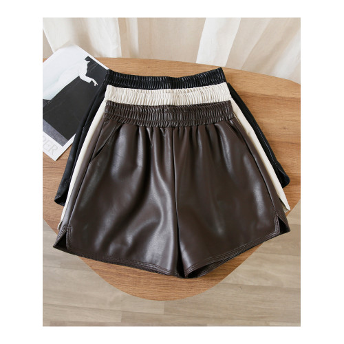 pu皮短褲女款2025新款黑色外穿高腰顯瘦濶腿褲秋冬季a字咖色皮褲