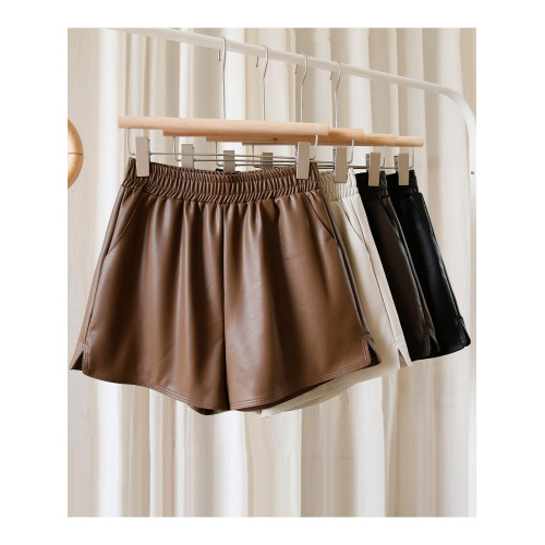 pu皮短褲女款2025新款黑色外穿高腰顯瘦濶腿褲秋冬季a字咖色皮褲