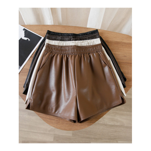 pu皮短褲女款2025新款黑色外穿高腰顯瘦濶腿褲秋冬季a字咖色皮褲