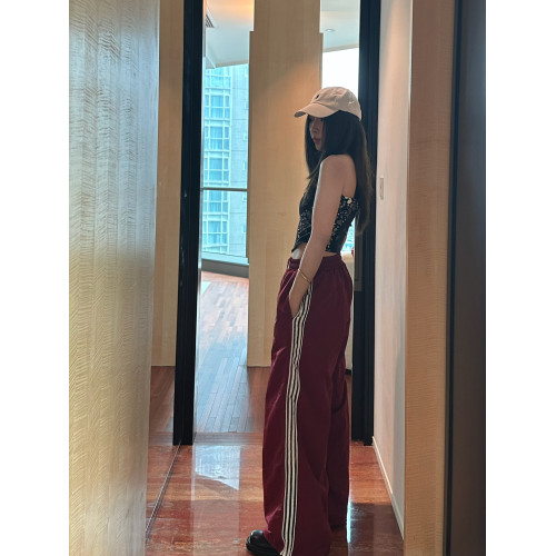 韓國Badblood三條杠織帶休閒褲美式復古男女同款松緊腰濶腿褲