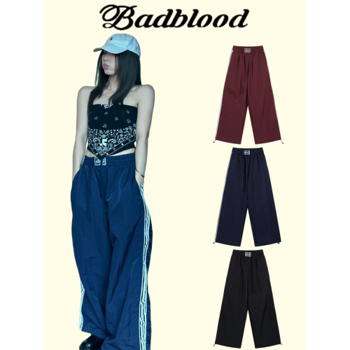 韓國Badblood三條杠織帶休閒褲美式復古男女同款松緊腰濶腿褲