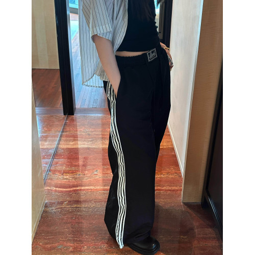 韓國Badblood三條杠織帶休閒褲美式復古男女同款松緊腰濶腿褲