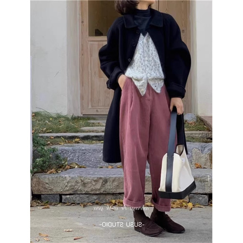 紫色燈芯絨褲子女秋冬胖MM大碼直筒寬鬆九分濶腿褲哈倫蘿蔔奶奶褲