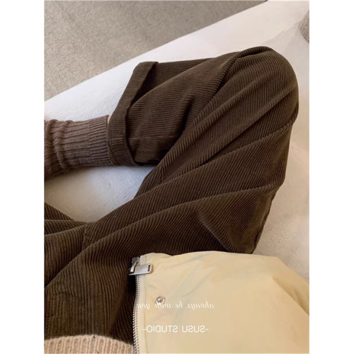 紫色燈芯絨褲子女秋冬胖MM大碼直筒寬鬆九分濶腿褲哈倫蘿蔔奶奶褲