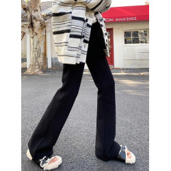 拉夏貝爾白色針織加絨微喇叭褲女2025新款秋冬季高腰顯瘦休閒褲子