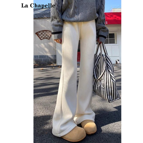 拉夏貝爾白色針織加絨微喇叭褲女2025新款秋冬季高腰顯瘦休閒褲子