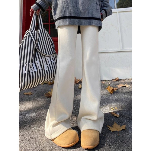 拉夏貝爾白色針織加絨微喇叭褲女2025新款秋冬季高腰顯瘦休閒褲子