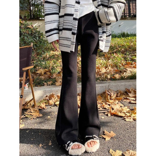 拉夏貝爾白色針織加絨微喇叭褲女2025新款秋冬季高腰顯瘦休閒褲子