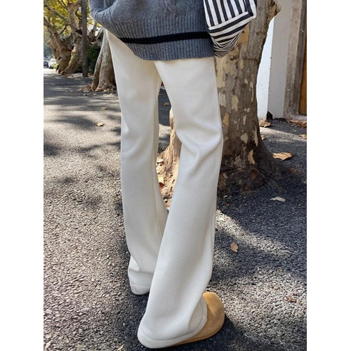 拉夏貝爾白色針織加絨微喇叭褲女2025新款秋冬季高腰顯瘦休閒褲子