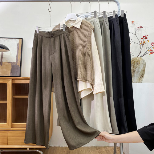 復古山本高級感垂感壓褶西裝褲女春夏寬鬆濶腿百搭拖地休閒直筒褲