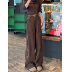 加絨加厚西裝濶腿褲女冬季大碼胖mm顯瘦高腰垂墜感直筒拖地褲子