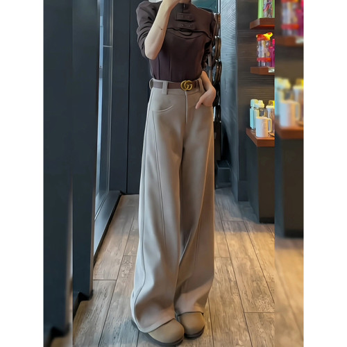 加絨加厚西裝濶腿褲女冬季大碼胖mm顯瘦高腰垂墜感直筒拖地褲子