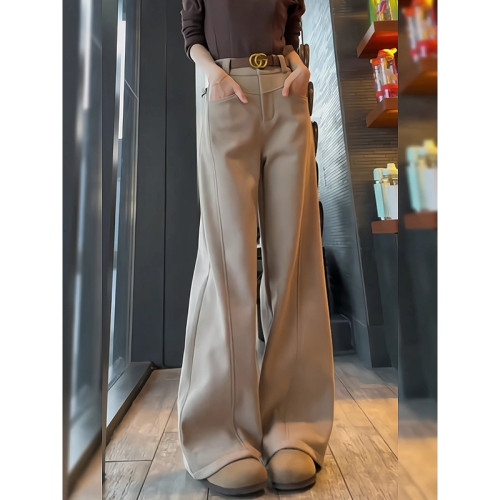 加絨加厚西裝濶腿褲女冬季大碼胖mm顯瘦高腰垂墜感直筒拖地褲子