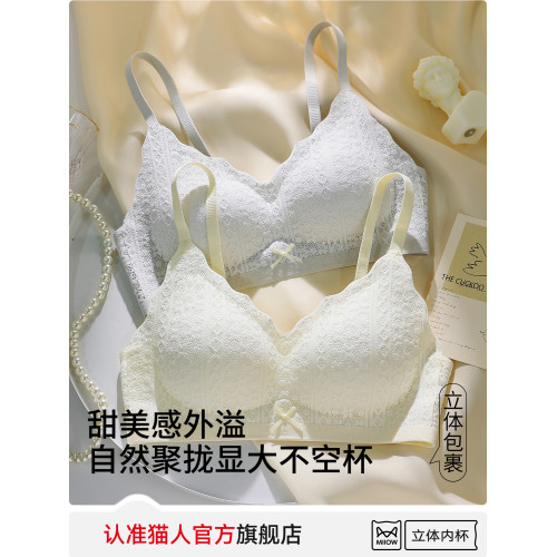 貓人無痕內衣女小胸聚攏上托美背無鋼圈固定杯薄款透氣蕾絲文胸罩