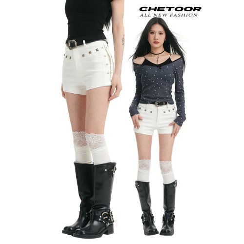 甜酷辣妹白色柳釘彈力短褲女春夏2025新款高腰直筒褲休閒褲熱褲夏