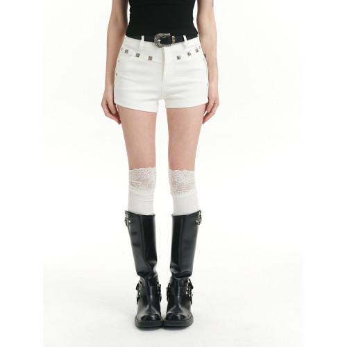 甜酷辣妹白色柳釘彈力短褲女春夏2025新款高腰直筒褲休閒褲熱褲夏