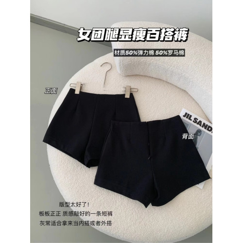 POPW 女團腿無D版型黑色短褲女2024秋季新款修身顯瘦百搭褲