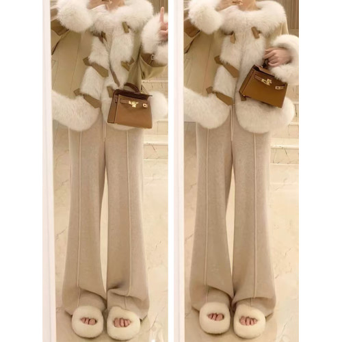 燕麥羊絨濶腿褲女高腰垂感春秋2025新直筒顯瘦遛彎褲休閒針織褲子