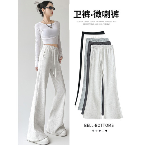 美式灰色運動微喇叭褲女春秋高腰窄版濶腿褲寬鬆垂感拖地馬蹄衛褲