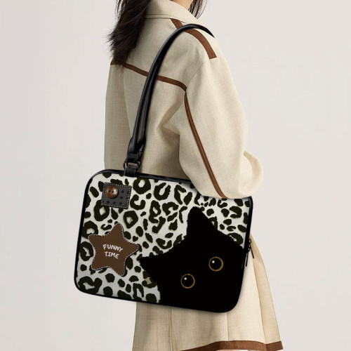 【趣物研所】豹紋黑貓大容量單肩電腦包可掛行李箱適用蘋果macbook小新air13.3寸華爲matebook14寸防撞防摔