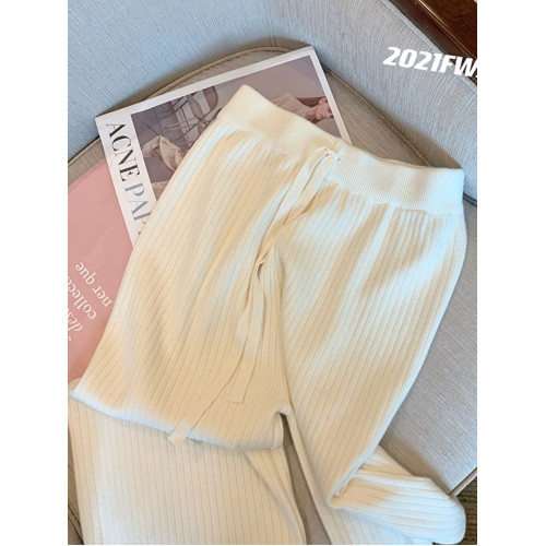 小個子145粉色針織濶腿褲子女秋冬女裝150高腰垂感百搭直筒休閒褲