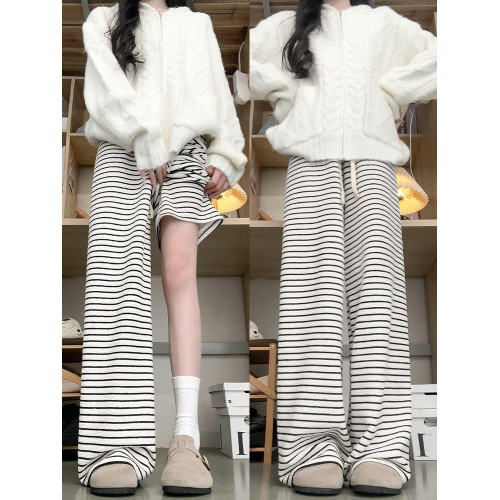 黑白條紋濶腿褲女高腰垂感春秋2025新款針織褲休閒慵懶直筒糯米褲