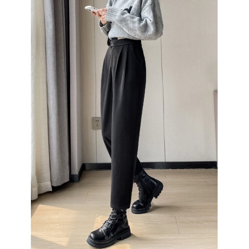 春秋保暖毛呢菸琯褲女2025新款高腰直筒加絨西裝褲九分休閒哈倫褲