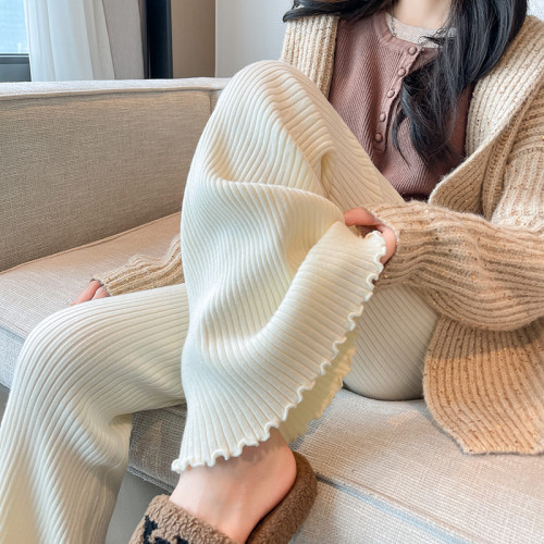 加厚軟糯木耳邊針織喇叭褲女秋冬高腰垂感顯瘦竪坑條濶腿拖地褲子
