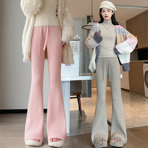 加厚軟糯木耳邊針織喇叭褲女秋冬高腰垂感顯瘦竪坑條濶腿拖地褲子