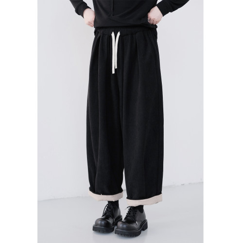 叁拾一 / 小衆設計款拼接撞色厚絨濶腿褲休閒寬鬆顯瘦燈芯絨長褲