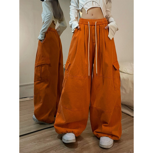 酷拽少女 國潮復古工裝褲女春季純棉加厚休閒寬鬆拖地濶腿褲ins潮