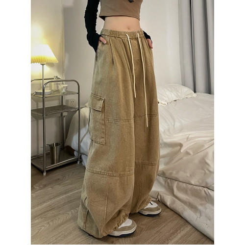 酷拽少女 國潮復古工裝褲女春季純棉加厚休閒寬鬆拖地濶腿褲ins潮