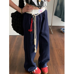 美式復古休閒褲衛褲女秋冬季加絨拼接腰頭直筒運動褲寬鬆濶腿長褲