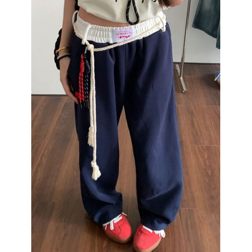 美式復古休閒褲衛褲女秋冬季加絨拼接腰頭直筒運動褲寬鬆濶腿長褲