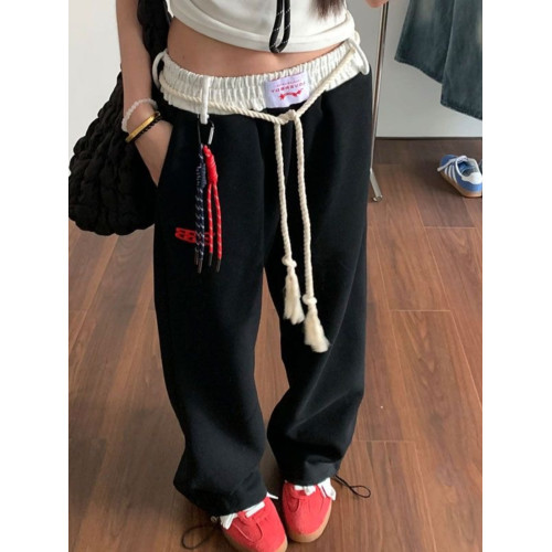 美式復古休閒褲衛褲女秋冬季加絨拼接腰頭直筒運動褲寬鬆濶腿長褲