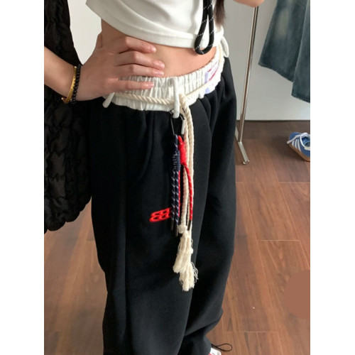 美式復古休閒褲衛褲女秋冬季加絨拼接腰頭直筒運動褲寬鬆濶腿長褲