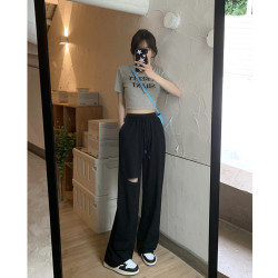 小個子褲子150破洞濶腿褲高腰灰色直筒休閒褲145九分抽繩運動衛褲