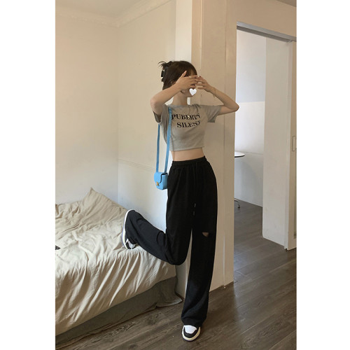 小個子褲子150破洞濶腿褲高腰灰色直筒休閒褲145九分抽繩運動衛褲