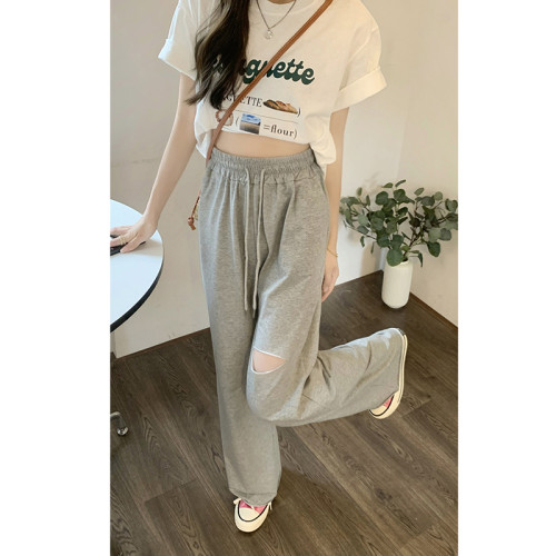 小個子褲子150破洞濶腿褲高腰灰色直筒休閒褲145九分抽繩運動衛褲