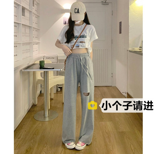 小個子褲子150破洞濶腿褲高腰灰色直筒休閒褲145九分抽繩運動衛褲