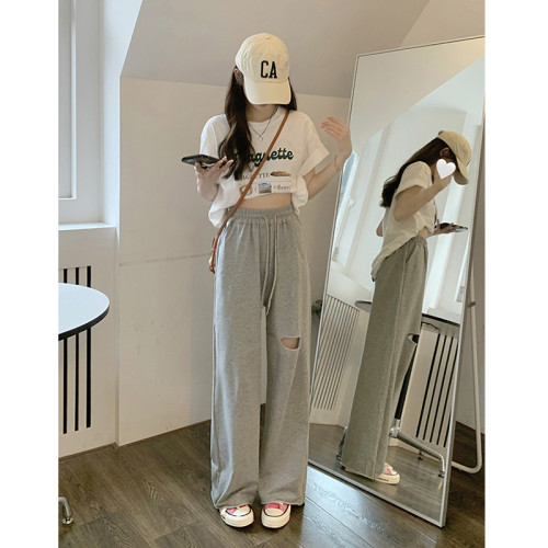 小個子褲子150破洞濶腿褲高腰灰色直筒休閒褲145九分抽繩運動衛褲